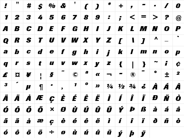 Berthold Imago Extra Bold Italic  glyph index