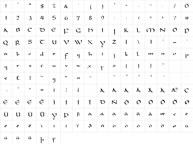 FeatherQuill Medium  glyph index