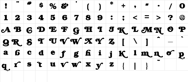 BrookmanSwash Alternates MEG Bold  glyph index