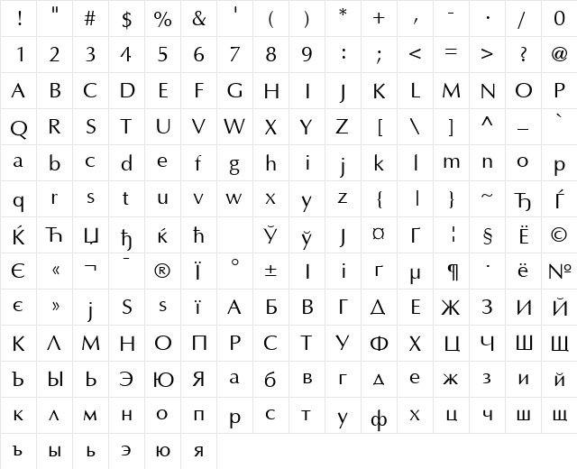 AGOpus Roman  glyph index