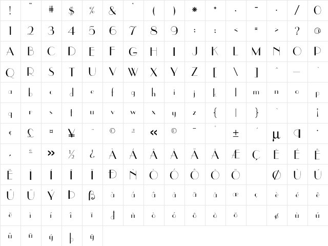 BD EastSide Regular  glyph index