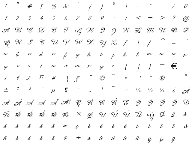 Amaze Italic  glyph index