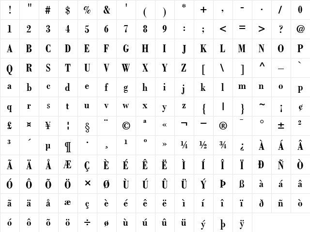 Bodoni-Condensed Bold  glyph index