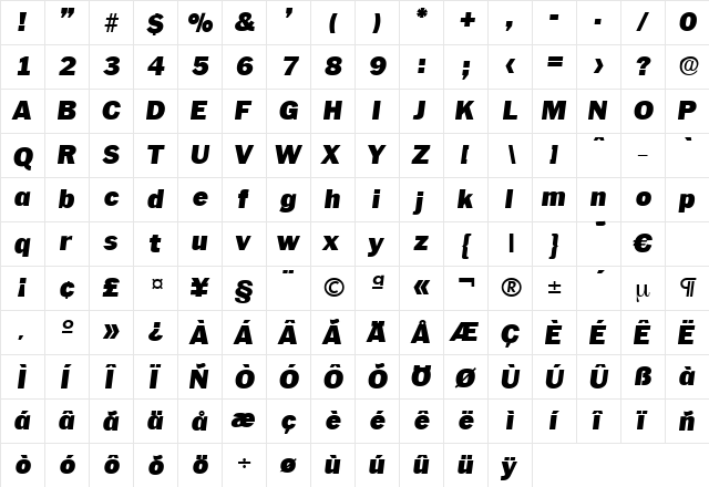 Plymouth-HeavyIta Regular  glyph index