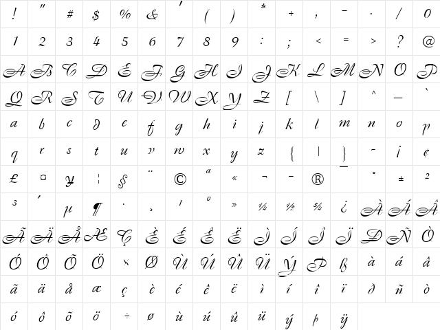 Regency Volante Regular  glyph index