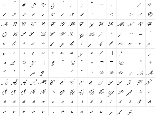 QuillScriptSSK Regular  glyph index