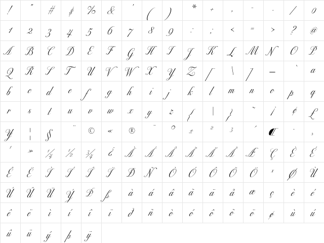 Excelsor Script Regular  glyph index