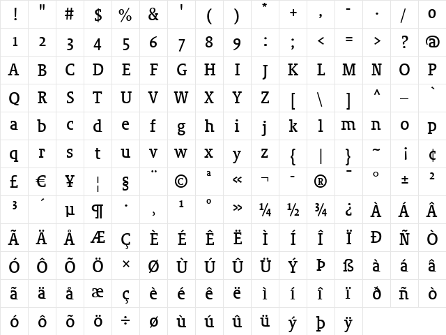 Sheriff Web-Roman Regular  glyph index