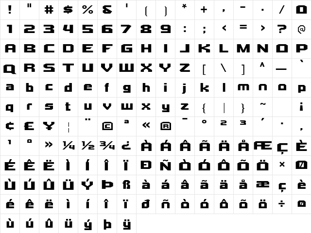 Quadrangle Regular  glyph index
