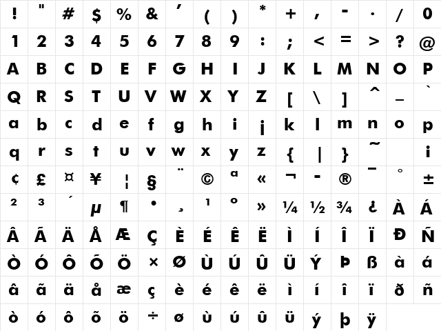 Futuri Black Regular  glyph index