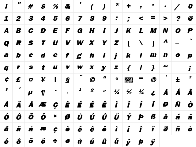 FrankfurtHeavy Italic  glyph index