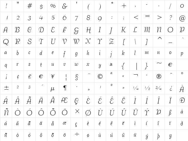BernhardTango BT Regular  glyph index