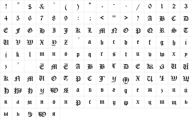 True Gothic Cyr Regular  glyph index