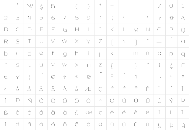 DynastyThin Regular  glyph index