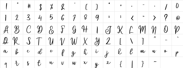 Jissela FREE Regular  glyph index
