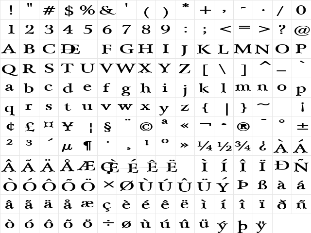 Array Extended Bold  glyph index