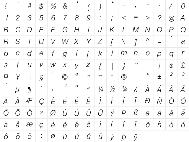 Helvetica Neue ET Pro 46 Light Italic  glyph index