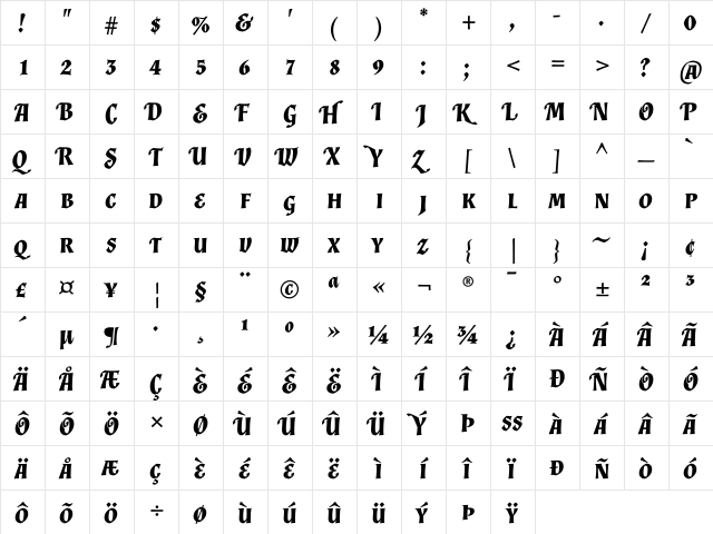 Almendra SC Bold Italic  glyph index