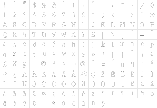 Clearface Outline  glyph index