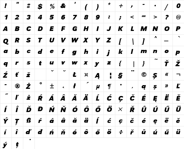 URWGroteskTEE Bold Italic  glyph index