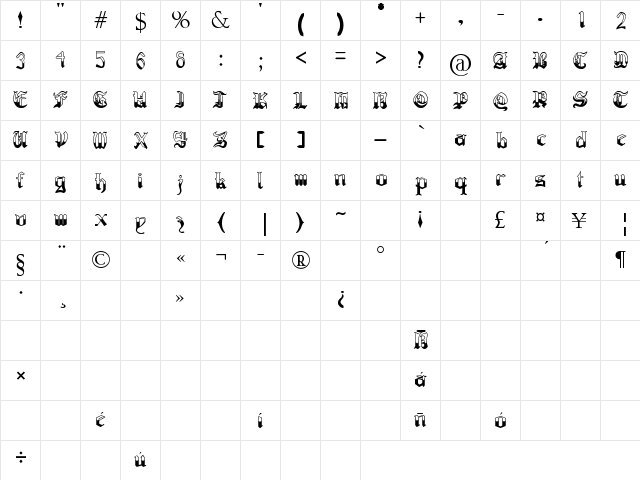 Regothic Regular  glyph index