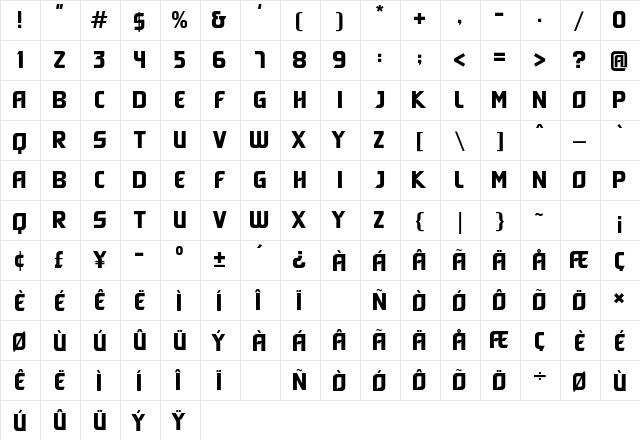 Benzo Regular  glyph index