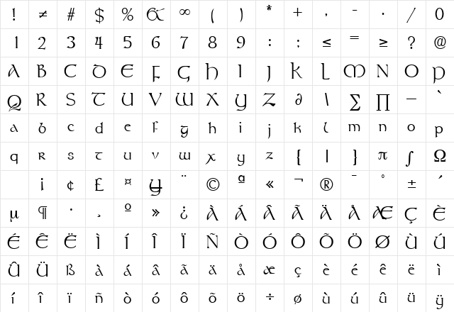 Rosslaire DB Medium  glyph index