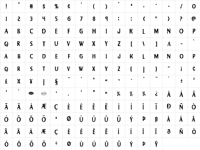 Body Swipers Condensed Condensed  glyph index