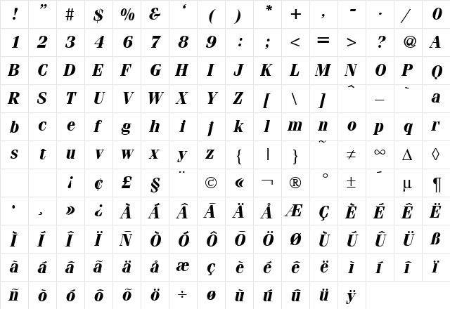 Fervent BoldItalic  glyph index