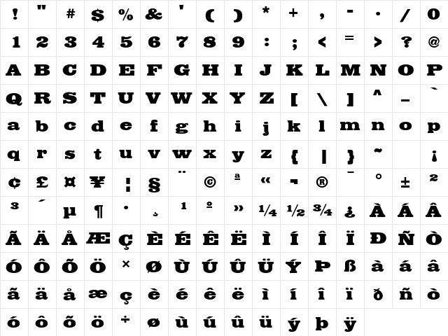 Dynasty Black Ext. Regular  glyph index