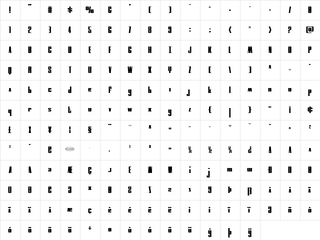 MOON Runner Squat Regular  glyph index