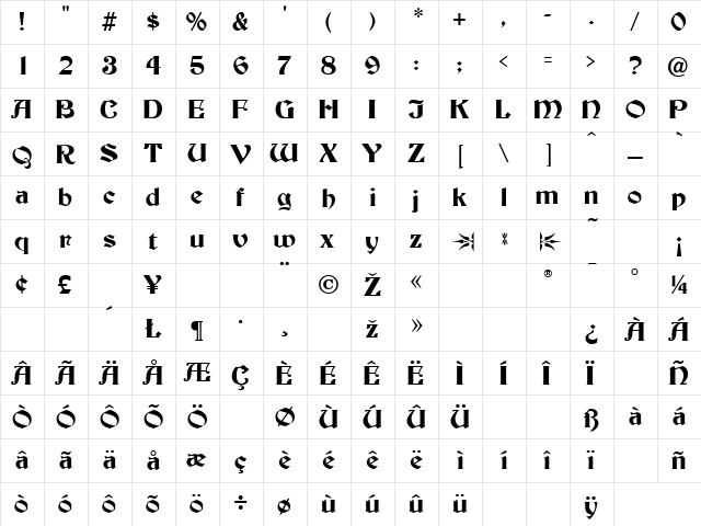 Becker Bold  glyph index