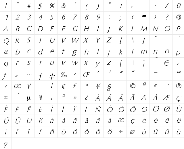 Columbia-XlightIta Regular  glyph index