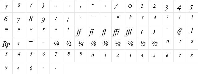 Garamond BE Italic Expert  glyph index