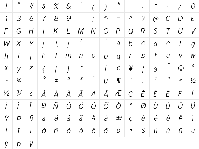 Expressway Lt Italic  glyph index