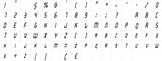 GhostMachineCondensed Oblique  glyph index