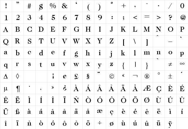 Caslon335Medium Regular  glyph index