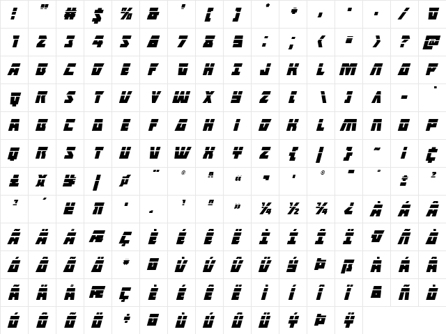 Halfshell Hero Laser Italic Italic  glyph index