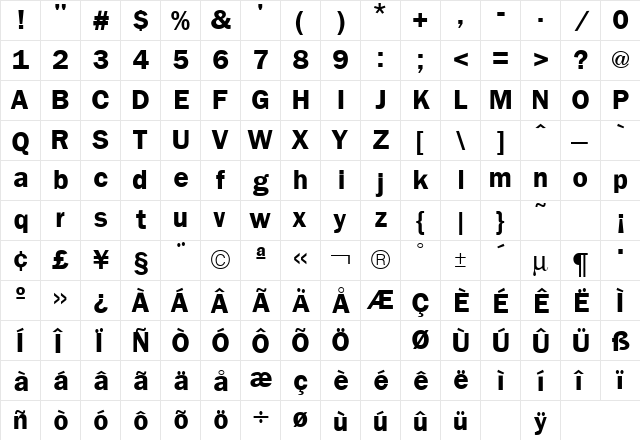 Franklin Gothic Bold  glyph index