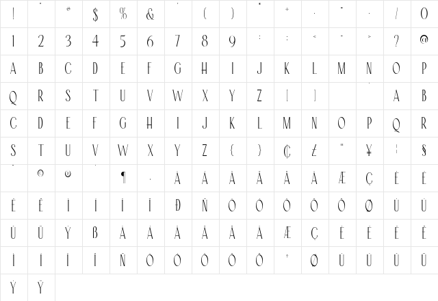 Rosseta Regular  glyph index