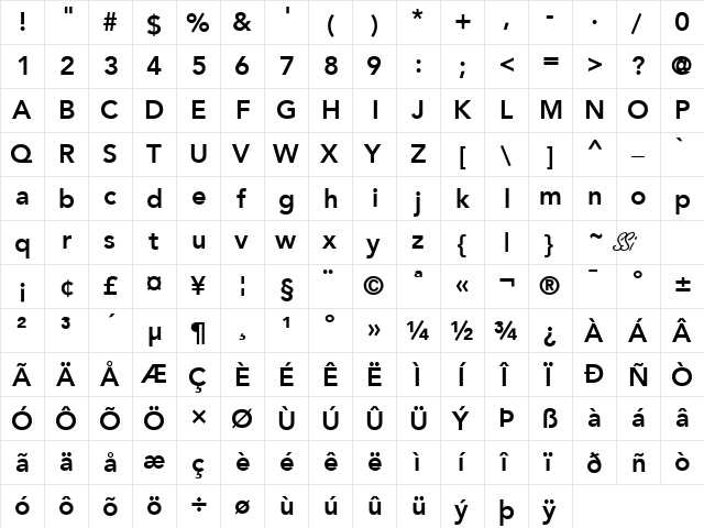 Expo SSi Bold  glyph index