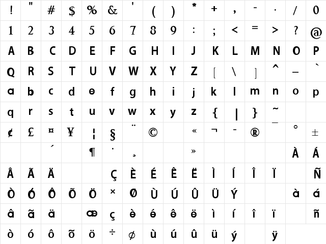 nutella Bold  glyph index