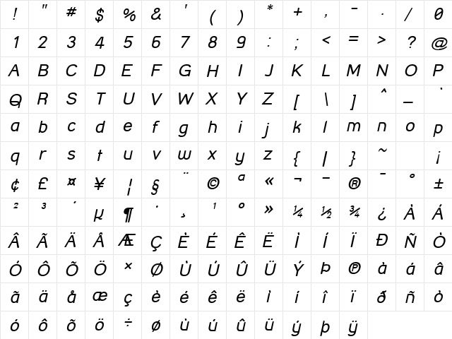 Street Corner Oblique Regular  glyph index