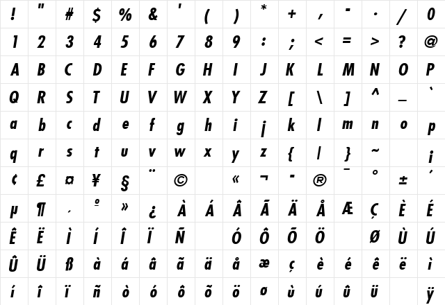 KudosBlackCondSSK Bold Italic  glyph index