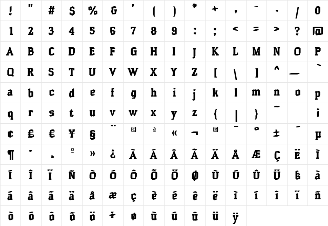 HammerheadBlack Regular  glyph index