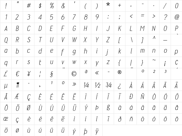 Wyvern Lt Italic  glyph index