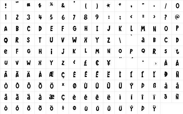 Wee Bairn Regular  glyph index