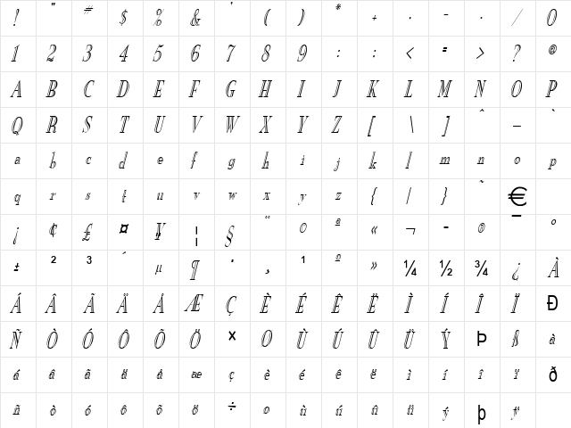 NewEngEngrCondensed Italic  glyph index