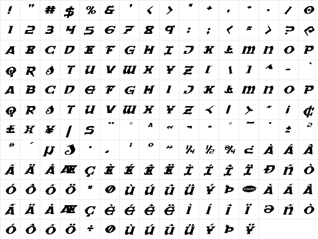 War Priest Expanded Italic Expanded Italic  glyph index