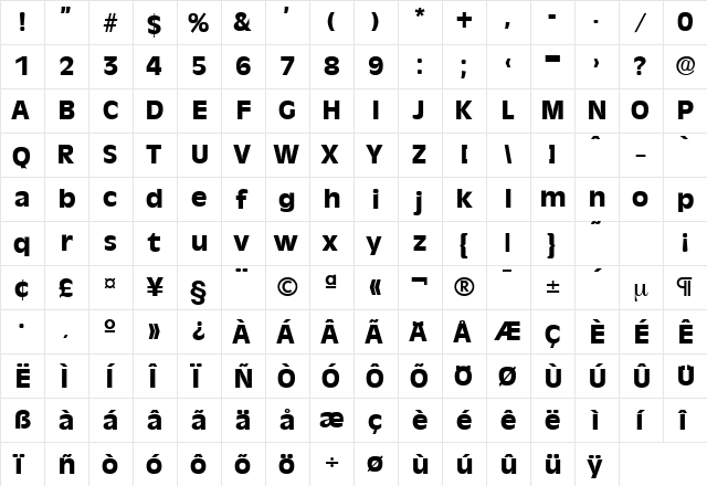 Ravenna-Serial-ExtraBold Regular  glyph index